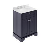 Old London Woodgrain 2 Door Vanity Unit with White Marble Countertop and Round Ceramic 3 Tap Hole Basin | Twilight Blue | MDF | 600mm