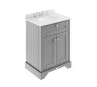 Old London Woodgrain 2 Door Vanity Unit with White Marble Countertop and Round Ceramic 3 Tap Hole Basin | Storm Grey | MDF | 600mm