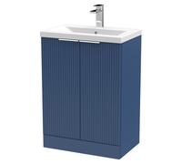 Hudson Reed Fluted 600Mm Floor Standing 2-door Vanity And Mid-edge Basin - Satin Blue