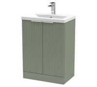 Hudson Reed Fluted 2 Door Vanity Unit and Mid Edge Ceramic Basin | Satin Green | MDF | 600mm
