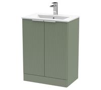 Hudson Reed DFF825B Fluted Modern Bathroom Floor Standing 2 Door Vanity Basin Unit with Minimalist Ceramic Basin, 600mm, Satin Green