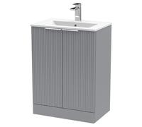 Hudson Reed DFF225B Fluted Modern Bathroom Floor Standing 2 Door Vanity Basin Unit with Minimalist Ceramic Basin, 600mm, Satin Grey