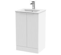 Hudson Reed DFF123B Fluted Modern Bathroom Floor Standing 2 Door Vanity Basin Unit with Minimalist Ceramic Basin, 500mm, Satin White
