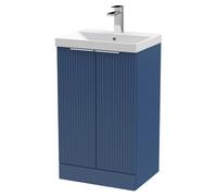 Hudson Reed DFF323D Fluted Modern Bathroom Floor Standing 2 Door Vanity Basin Unit with Thin-Edge Ceramic Basin, 500mm, Satin Blue