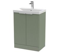 Hudson Reed Fluted Floor Standing 2 Door Vanity Unit with 50mm Profile Basin | Satin Green | MDF | 600mm