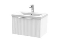 Hudson Reed DFF194A Fluted Modern Bathroom Wall Hung 1 Drawer Vanity Basin Unit with Mid-Edge Ceramic Basin, 600mm, Satin White