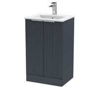 Hudson Reed DFF1423B Fluted Modern Bathroom Floor Standing 2 Door Vanity Basin Unit with Minimalist Ceramic Basin, 500mm, Soft Black