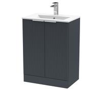Hudson Reed Fluted Satin Soft Black Floor Standing 2 Door Vanity Unit with 18mm Profile Basin | Satin Anthracite | MDF | 600mm