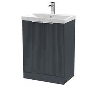 Hudson Reed Fluted Satin Soft Black Floor Standing 2 Door Vanity Unit with 50mm Profile Basin | Satin Anthracite | MDF | 600mm