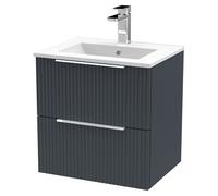 Hudson Reed Fluted Wall Hung 2-Drawer Vanity And Minimalist Basin, Contemporary Sink Vanity Unit, Soft Black, 500mm