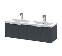 Hudson Reed Fluted Satin Wall Mounted 2 Drawer Vanity Unit and Twin Ceramic Basins | Soft Black | MDF | 1200mm
