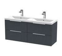 Hudson Reed Fluted Satin Wall Mounted 4 Drawer Vanity Unit and Twin Ceramic Basins | Soft Black | MDF | 1200mm