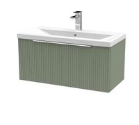 Hudson Reed DFF896A Fluted Modern Bathroom Wall Hung 1 Drawer Vanity Basin Unit with Mid-Edge Ceramic Basin, 800mm, Satin Green
