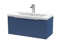 Hudson Reed Fluted Wall Hung 1-Drawer Vanity And Mid-Edge Basin, Contemporary Sink Vanity Unit, Satin Blue, 800mm