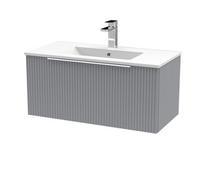 Hudson Reed DFF296B Fluted Modern Bathroom Wall Hung 1 Drawer Vanity Basin Unit with Minimalist Ceramic Basin, 800mm, Satin Grey