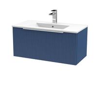 Hudson Reed Fluted Wall Hung 1-Drawer Vanity And Minimalist Basin, Contemporary Sink Vanity Unit, Satin Blue