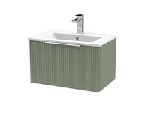 Hudson Reed DFF894B Fluted Modern Bathroom Wall Hung 1 Drawer Vanity Basin Unit with Minimalist Ceramic Basin, 600mm, Satin Green