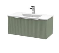 Hudson Reed DFF896B Fluted Modern Bathroom Wall Hung 1 Drawer Vanity Basin Unit with Minimalist Ceramic Basin, 800mm, Satin Green