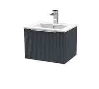 Hudson Reed Fluted Satin Wall Mounted Single Drawer Vanity Unit and Minimalist Ceramic Basin | Soft Black | MDF | 500mm