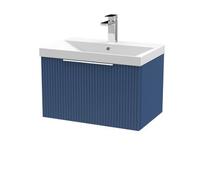 Hudson Reed DFF394D Fluted Modern Bathroom Wall Hung 1 Drawer Vanity Basin Unit with Thin-Edge Ceramic Basin, 600mm, Satin Blue