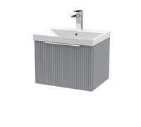 Hudson Reed DFF291D Fluted Modern Bathroom Wall Hung 1 Drawer Vanity Basin Unit with Thin-Edge Ceramic Basin, 500mm, Satin Grey
