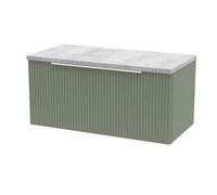 Hudson Reed Fluted Wall Mounted Single Drawer Vanity Unit with Bellato Grey Worktop | Satin Green | MDF | 800mm