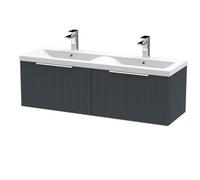 Hudson Reed Fluted Wall Hung 2-Drawer Vanity And Double Ceramic Basin, Contemporary Sink Vanity Unit, Soft Blackmm