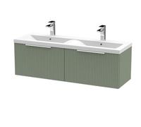 Hudson Reed DFF894F Fluted Modern Bathroom Wall Hung 2 Drawer Double Vanity Basin Unit with Twin Ceramic Basin, 1200mm, Satin Green