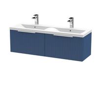 Hudson Reed Fluted Satin Wall Hung 2 Drawer Vanity Unit and Twin Ceramic Basins | Blue | MDF | 1200mm