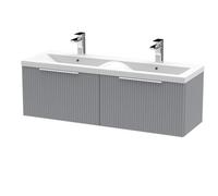 Hudson Reed DFF294F Fluted Modern Bathroom Wall Hung 2 Drawer Double Vanity Basin Unit with Twin Ceramic Basin, 1200mm, Satin Grey