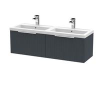 Hudson Reed Fluted Wall Hung 2-Drawer Vanity And Double Polymarble Basin, Contemporary Sink Vanity Unit, Soft Blackmm