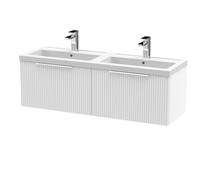 Hudson Reed Fluted Wall Mounted 2 Drawer Vanity Unit and Twin Polymarble Basins | Satin White | MDF | 1200mm