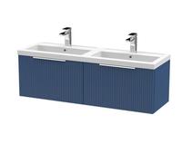 Hudson Reed Fluted Wall Hung 2-Drawer Vanity And Double Polymarble Basin, Premium Sink Vanity Unit, Satin Bluemm