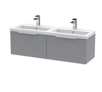 Hudson Reed Fluted Wall Hung 2-Drawer Vanity And Double Polymarble Basin, Stylish Sink Vanity Unit, Satin Greymm