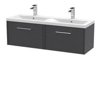Hudson Reed Juno Woodgrain Wall Hung 2 Drawer Vanity Unit and Twin Ceramic Basins | Graphite Grey | MDF | 1200mm