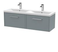 Hudson Reed Fluted Wall Hung 2-Drawer Vanity And Double Vitreous China Basin, Contemporary Sink Vanity Unit, Coastal Greymm