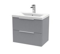 Hudson Reed DFF293A Fluted Modern Bathroom Wall Hung 2 Drawer Vanity Basin Unit with Mid-Edge Ceramic Basin, 600mm, Satin Grey