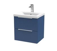 Hudson Reed Fluted Wall Hung 2-Drawer Vanity And Mid-Edge Basin, Contemporary Sink Vanity Unit, Satin Blue
