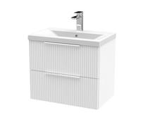 Hudson Reed DFF193A Fluted Modern Bathroom Wall Hung 2 Drawer Vanity Basin Unit with Mid-Edge Ceramic Basin, 600mm, Satin White