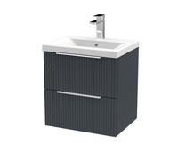 Hudson Reed DFF1492A Fluted Modern Bathroom Wall Hung 2 Drawer Vanity Basin Unit with Mid-Edge Ceramic Basin, 500mm, Soft Black