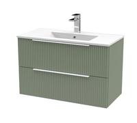 Hudson Reed DFF895B Fluted Modern Bathroom Wall Hung 2 Drawer Vanity Basin Unit with Minimalist Ceramic Basin, 800mm, Satin Green