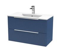 Hudson Reed Fluted Wall Hung 2-Drawer Vanity And Minimalist Basin, Contemporary Sink Vanity Unit, Satin Blue