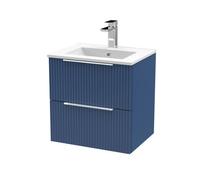 Hudson Reed Fluted Wall Hung 2-Drawer Vanity And Minimalist Basin, Contemporary Sink Vanity Unit, Satin Blue