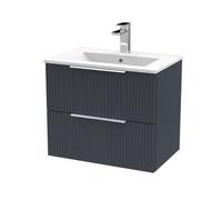 Hudson Reed DFF1493B Fluted Modern Bathroom Wall Hung 2 Drawer Vanity Basin Unit with Minimalist Ceramic Basin, 600mm, Soft Black
