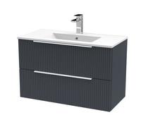 Hudson Reed DFF1495B Fluted Modern Bathroom Wall Hung 2 Drawer Vanity Basin Unit with Minimalist Ceramic Basin, 800mm, Soft Black