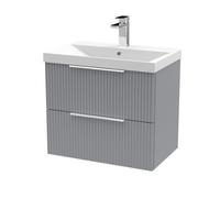 Hudson Reed Fluted Wall Hung 2-Drawer Vanity And Thin-Edge Basin, Contemporary Sink Vanity Unit, Satin Grey