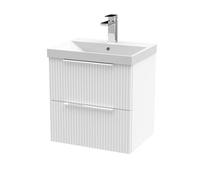 Hudson Reed DFF192D Fluted Modern Bathroom Wall Hung 2 Drawer Vanity Basin Unit with Thin-Edge Ceramic Basin, 500mm, Satin White
