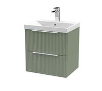 Hudson Reed Fluted Wall Hung 2-Drawer Vanity And Thin-Edge Basin, Contemporary Sink Vanity Unit, Satin Green, 500mm