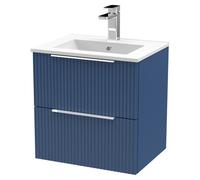 Hudson Reed DFF392B Fluted Modern Bathroom Wall Hung 2 Drawer Vanity Basin Unit with Minimalist Ceramic Basin, 500mm, Satin Blue