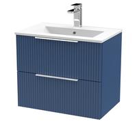 Hudson Reed DFF393B Fluted Modern Bathroom Wall Hung 2 Drawer Vanity Basin Unit with Minimalist Ceramic Basin, 600mm, Satin Blue